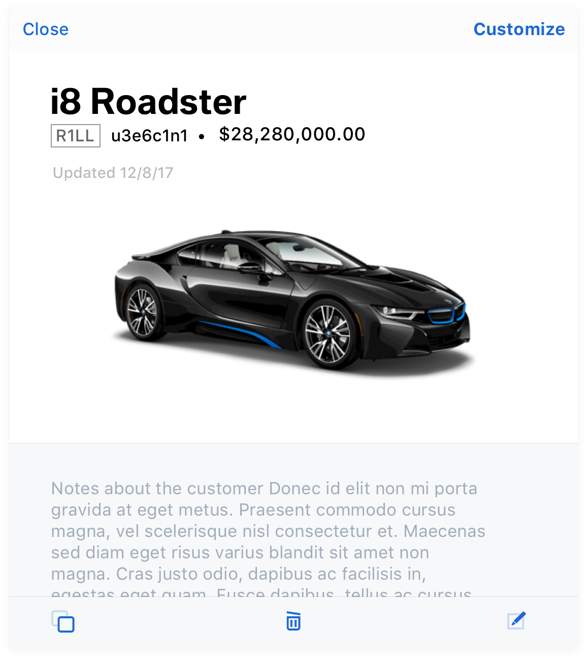 details of a saved vehicle in the Mobile Customizer iOS app